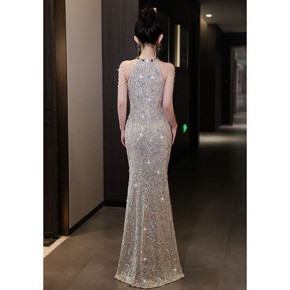 Sequin Gown Sheath Neck Halter Sleeveless Evening