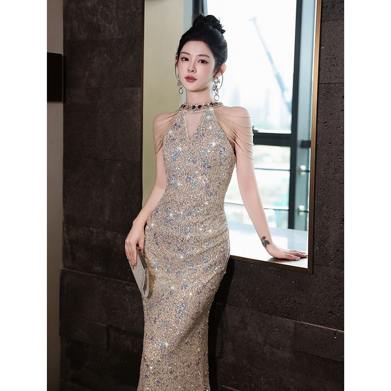 Sequin Gown Sheath Neck Halter Sleeveless Evening