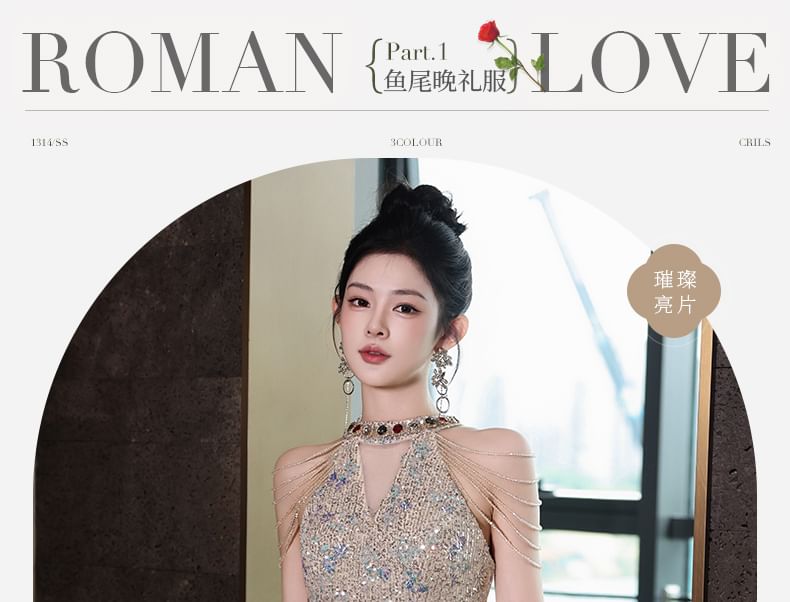 Sequin Gown Sheath Neck Halter Sleeveless Evening