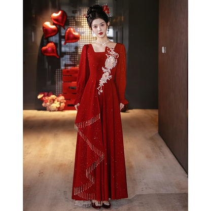 Neck Gown A-Line Embroidered Long Square Sleeve Evening Wedding