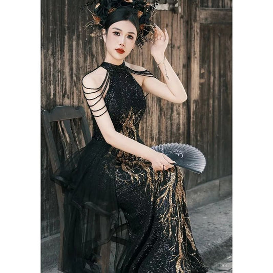 Sleeveless Mock Neck Sequined Mermaid Evening Gown