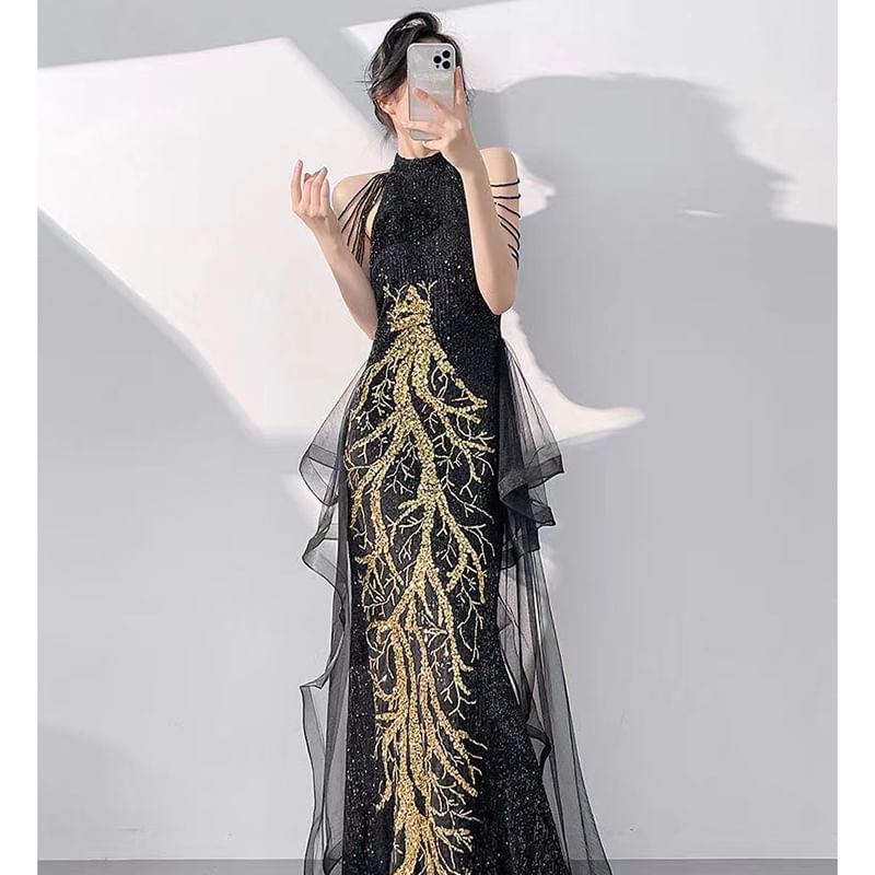 Mermaid Evening Mock Sleeveless Neck Sequined Gown