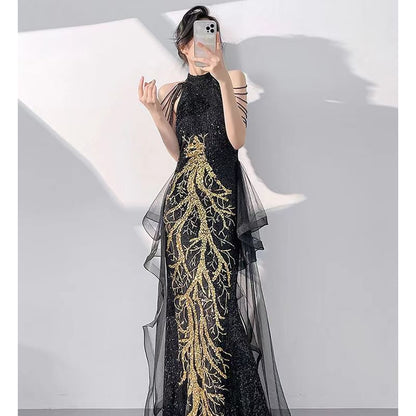 Sleeveless Mock Neck Sequined Mermaid Evening Gown