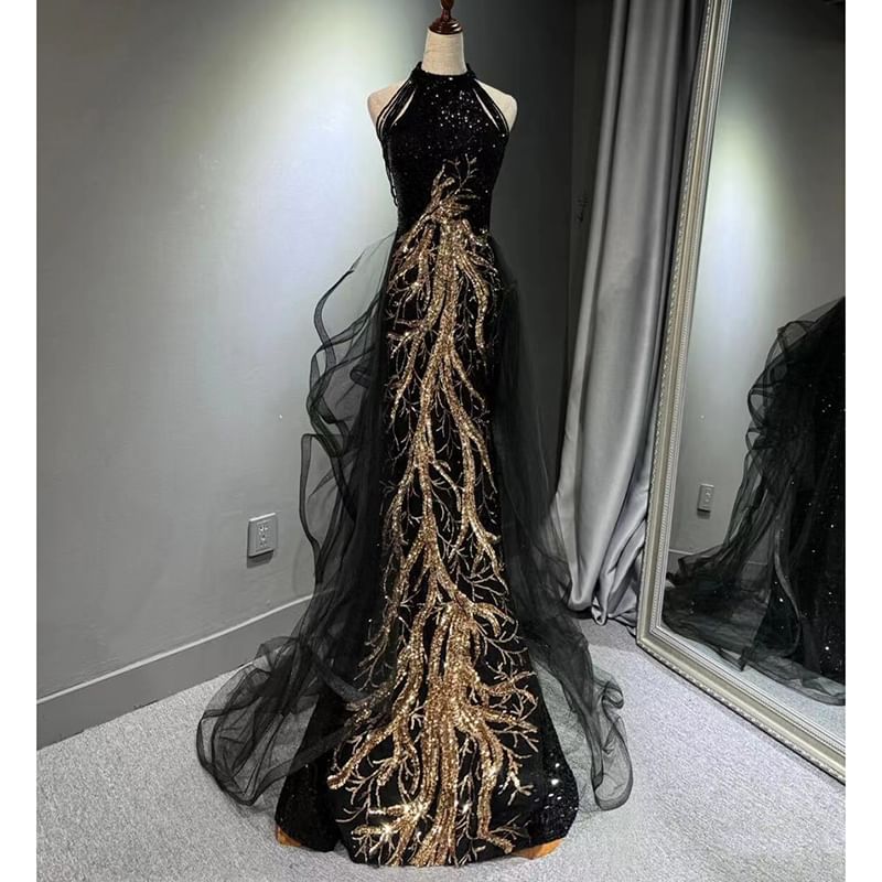 Sleeveless Mock Neck Sequined Mermaid Evening Gown