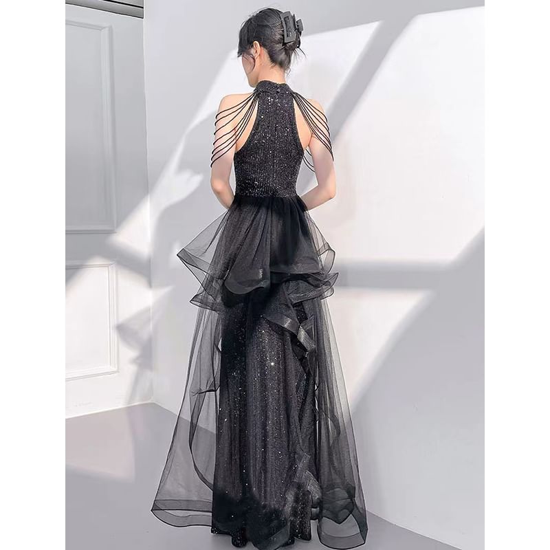 Sleeveless Mock Neck Sequined Mermaid Evening Gown
