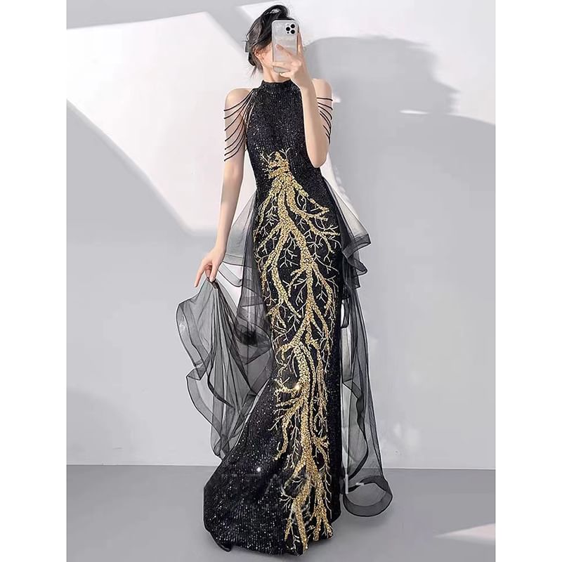 Mermaid Evening Mock Sleeveless Neck Sequined Gown