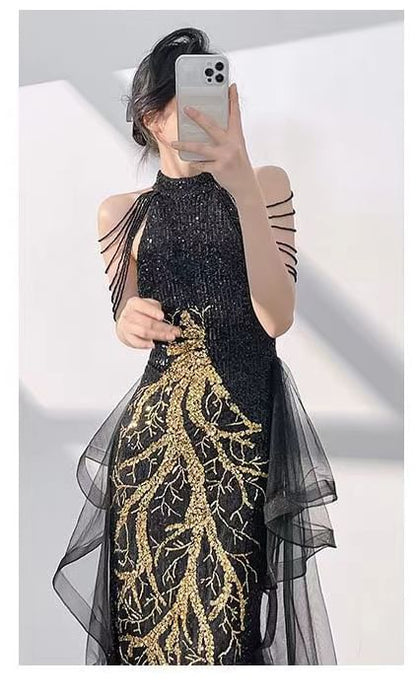 Sleeveless Mock Neck Sequined Mermaid Evening Gown