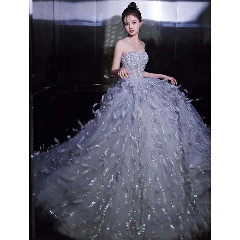 Feather Evening Gown A-Line Strapless Sequin