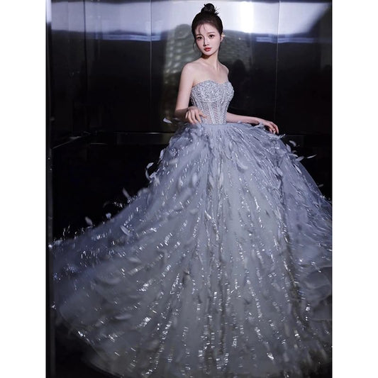 Strapless Sequin Feather A-Line Evening Gown