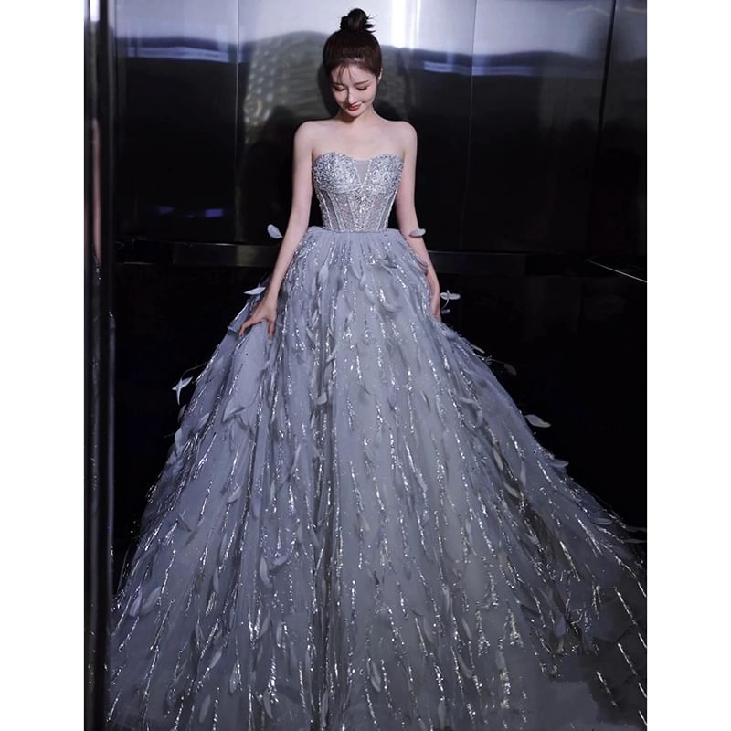 Strapless Sequin Feather A-Line Evening Gown