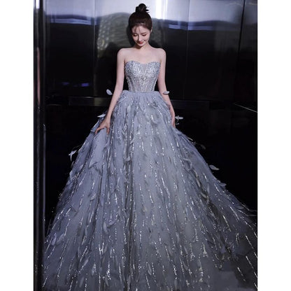 Strapless Sequin Feather A-Line Evening Gown
