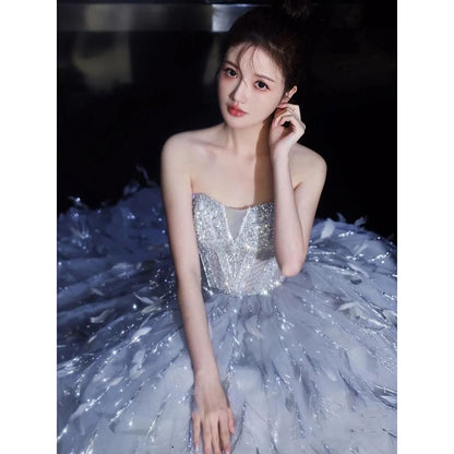 Feather Evening Gown A-Line Strapless Sequin