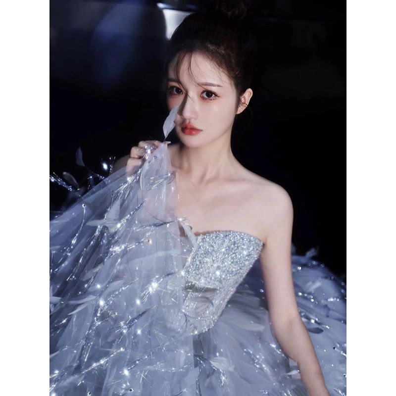 Strapless Sequin Feather A-Line Evening Gown