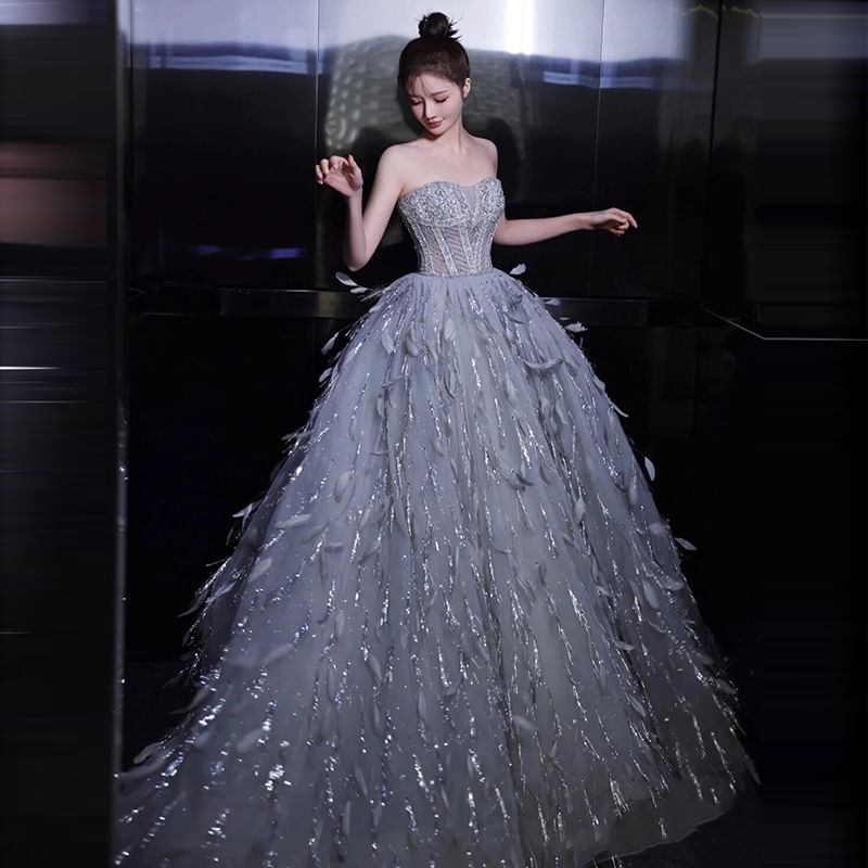 Feather Evening Gown A-Line Strapless Sequin