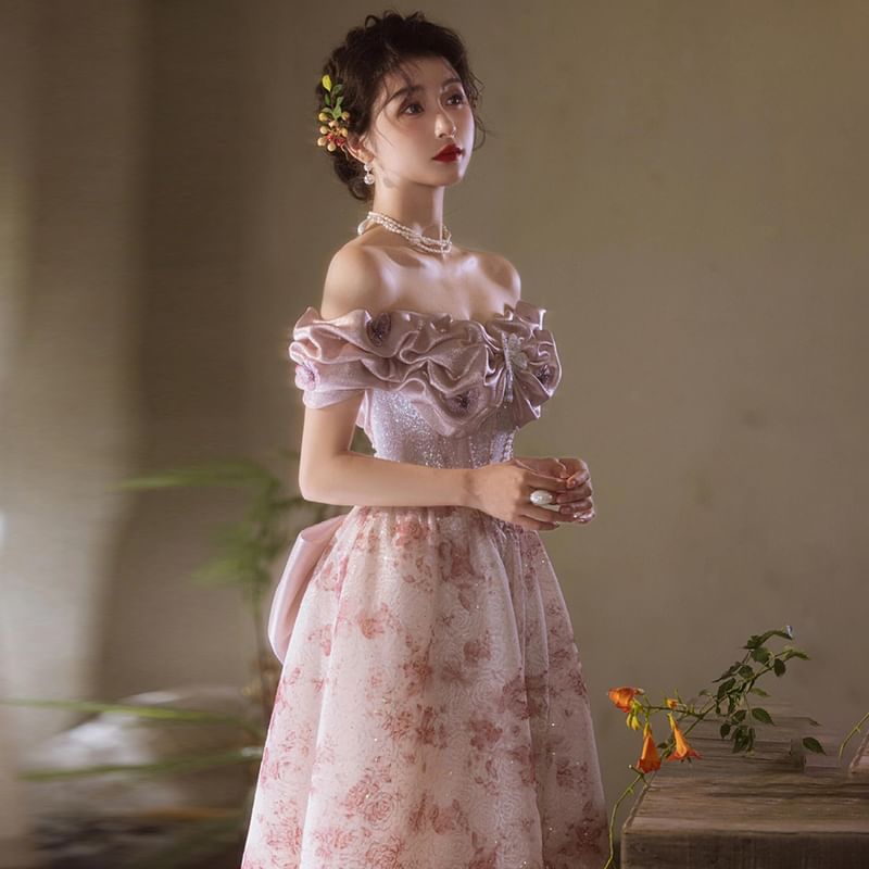 Evening A-Line Off Ruffle Trim Shoulder Print Gown Floral