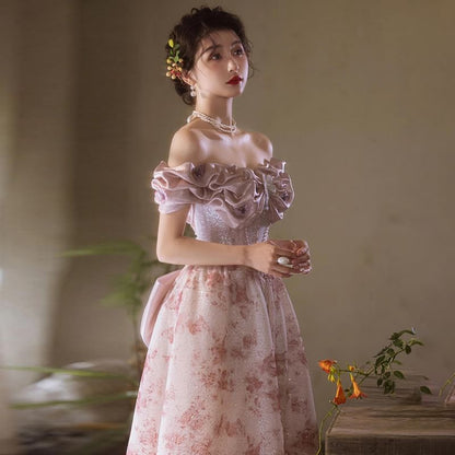 Off Shoulder Ruffle Trim Floral Print A-Line Evening Gown