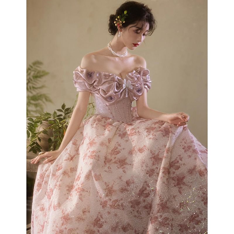 Off Shoulder Ruffle Trim Floral Print A-Line Evening Gown