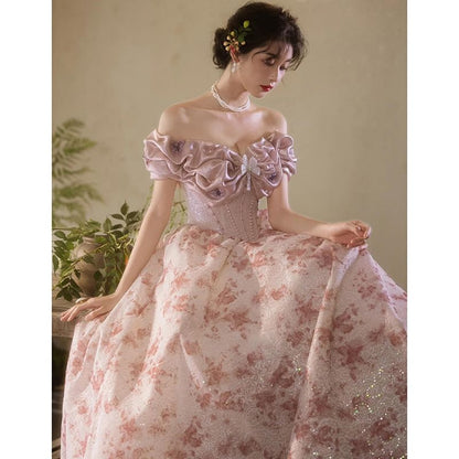 Off Shoulder Ruffle Trim Floral Print A-Line Evening Gown