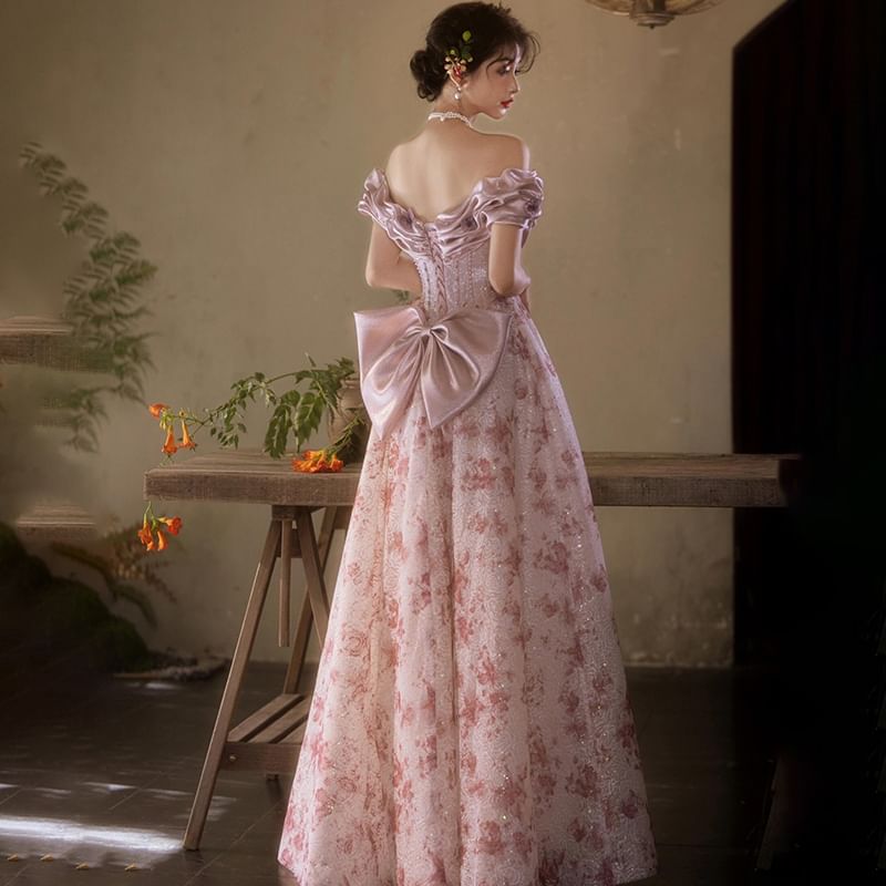 Evening A-Line Off Ruffle Trim Shoulder Print Gown Floral
