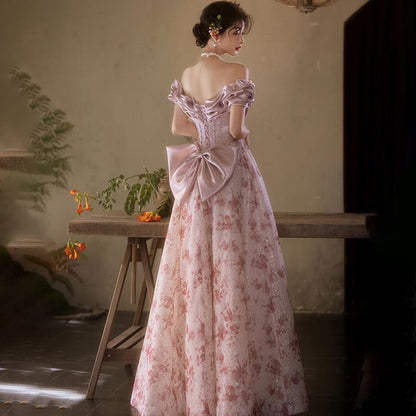 Off Shoulder Ruffle Trim Floral Print A-Line Evening Gown
