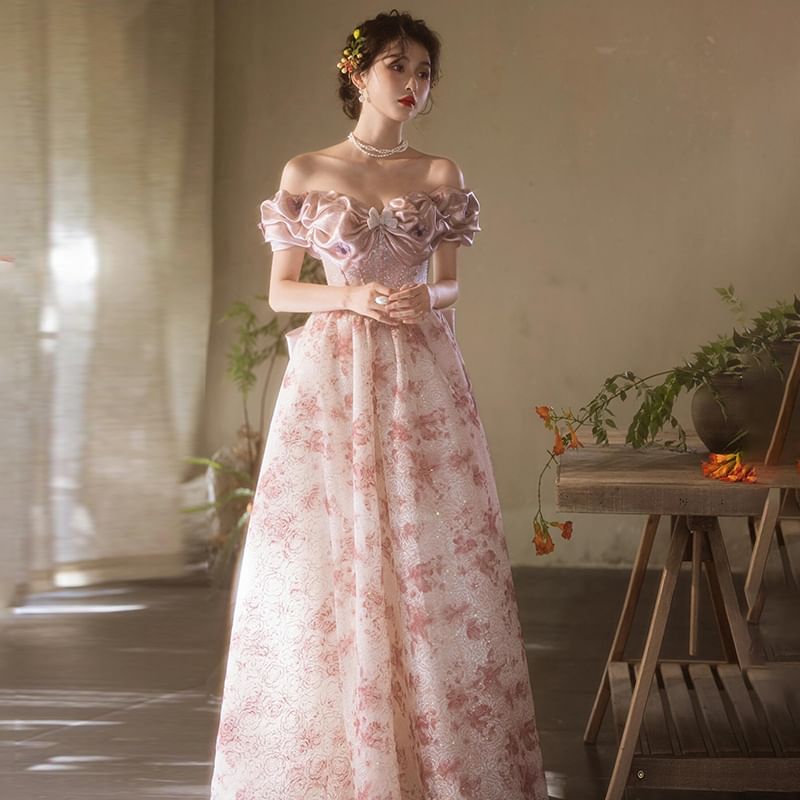 Off Shoulder Ruffle Trim Floral Print A-Line Evening Gown