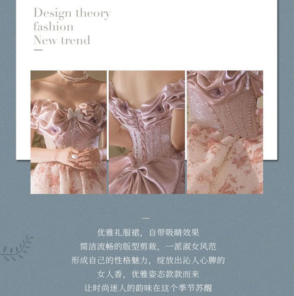 Evening A-Line Off Ruffle Trim Shoulder Print Gown Floral