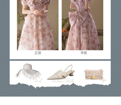 Off Shoulder Ruffle Trim Floral Print A-Line Evening Gown