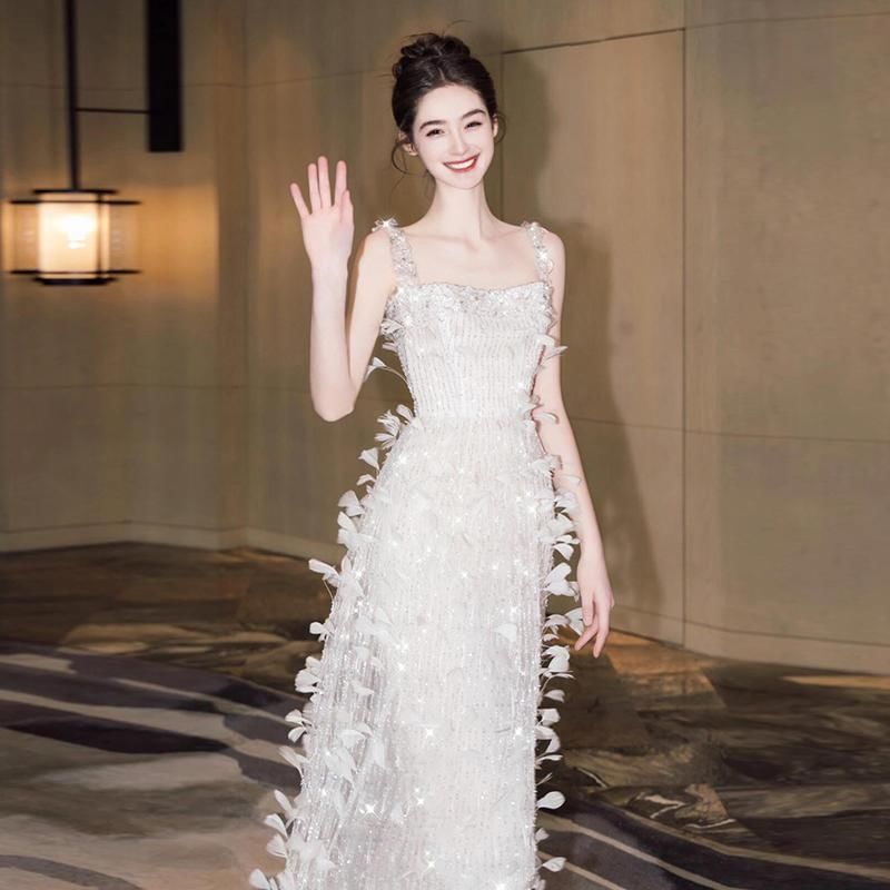 Strap Gown Sequin Spaghetti Feather Neck Sheath Evening Square