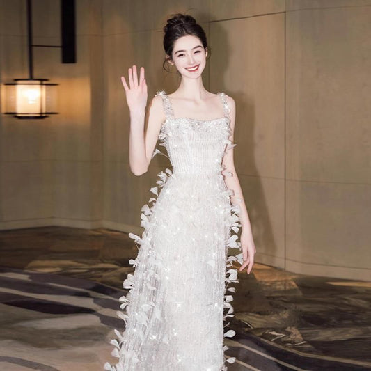 Spaghetti Strap Square Neck Sequin Feather Sheath Evening Gown