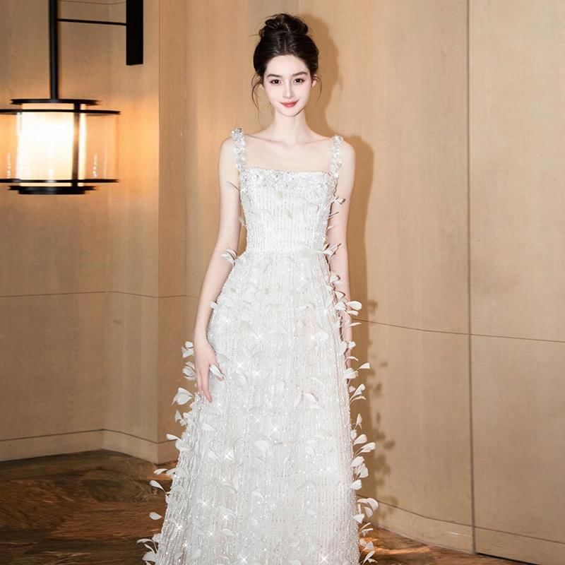 Spaghetti Strap Square Neck Sequin Feather Sheath Evening Gown