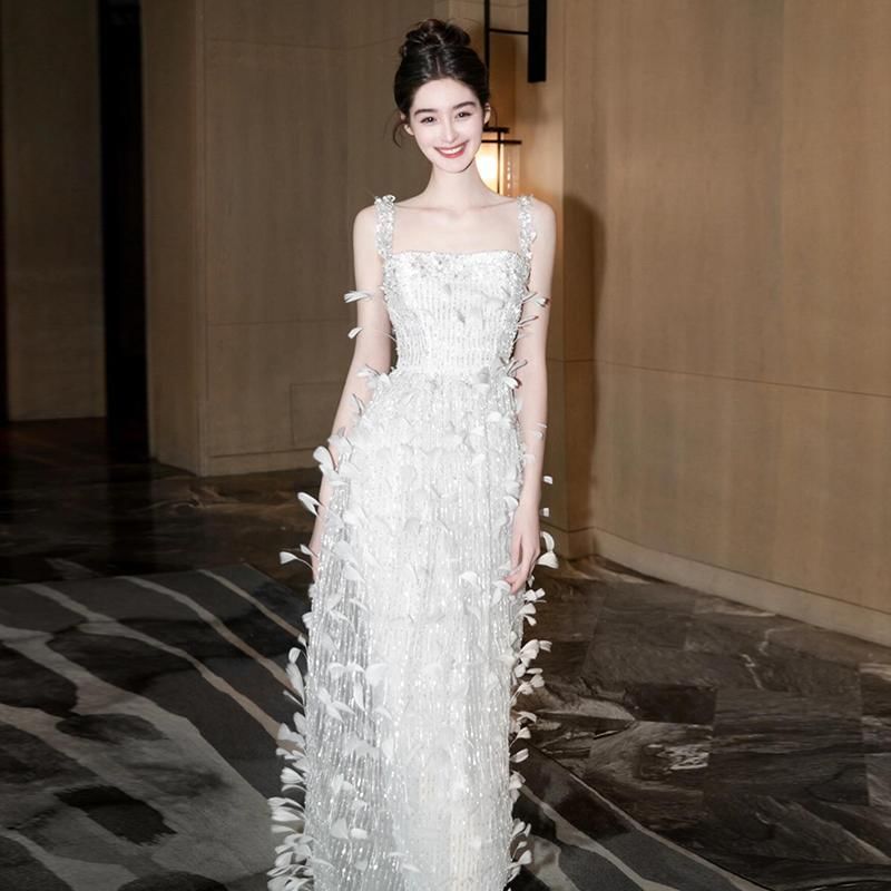 Strap Gown Sequin Spaghetti Feather Neck Sheath Evening Square