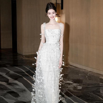 Spaghetti Strap Square Neck Sequin Feather Sheath Evening Gown