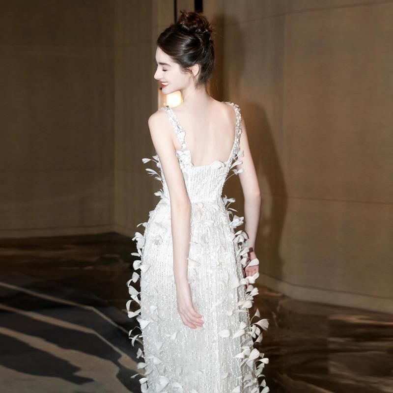 Spaghetti Strap Square Neck Sequin Feather Sheath Evening Gown