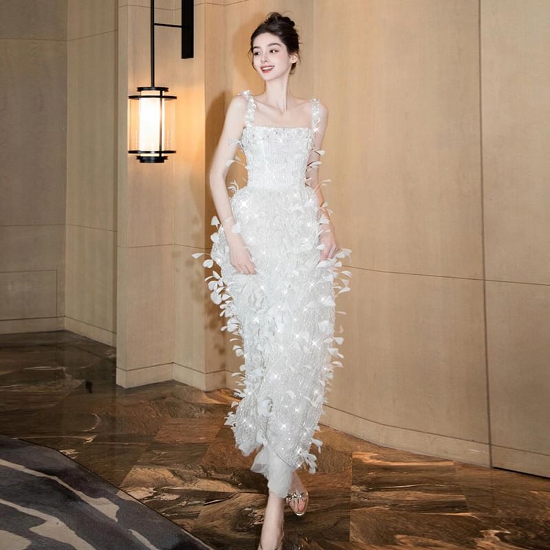 Spaghetti Strap Square Neck Sequin Feather Sheath Evening Gown