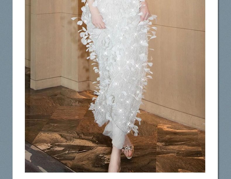 Strap Gown Sequin Spaghetti Feather Neck Sheath Evening Square