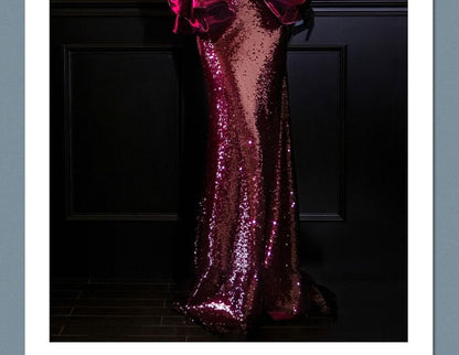 Strapless Notch Neck Velvet Ruffle Sequined Mermaid Evening Dress