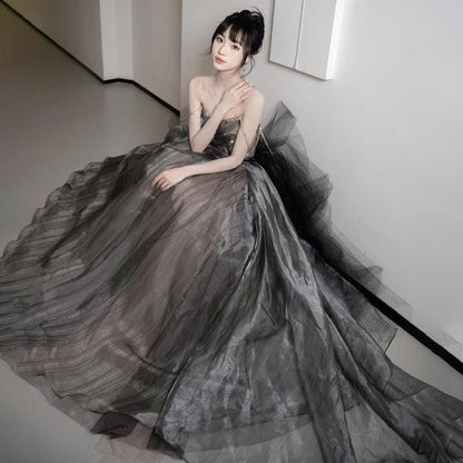 Gown A-Line Plain Strapless Ball Sheer