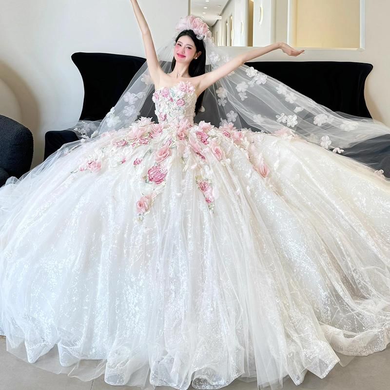 Strapless Floral Detail Sheer Wedding Ball Gown