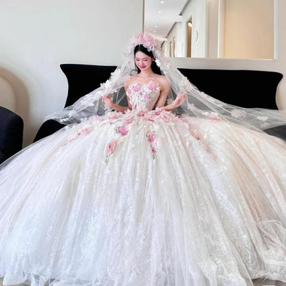 Strapless Floral Detail Sheer Wedding Ball Gown