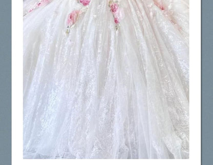 Strapless Floral Detail Sheer Wedding Ball Gown