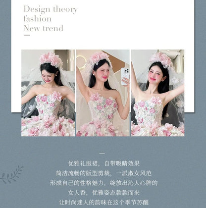 Strapless Floral Detail Sheer Wedding Ball Gown