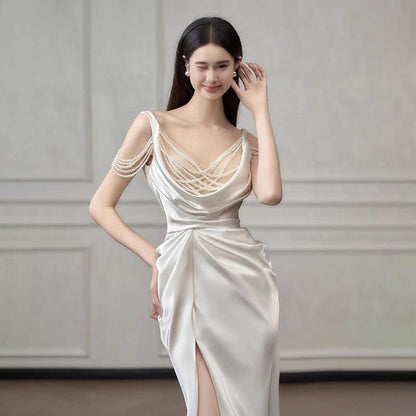 Neck Sheath Slit Scoop Evening Plain Gown Ruched Sleeveless