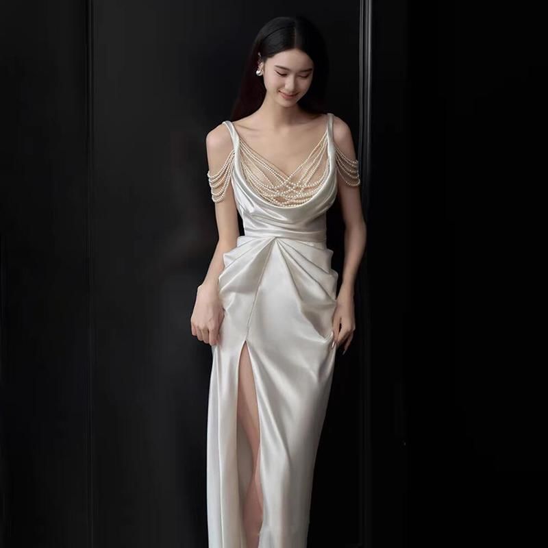 Neck Sheath Slit Scoop Evening Plain Gown Ruched Sleeveless