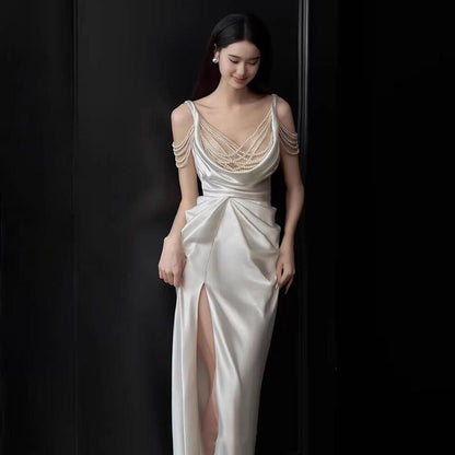 Sleeveless Scoop Neck Plain Ruched Slit Sheath Evening Gown