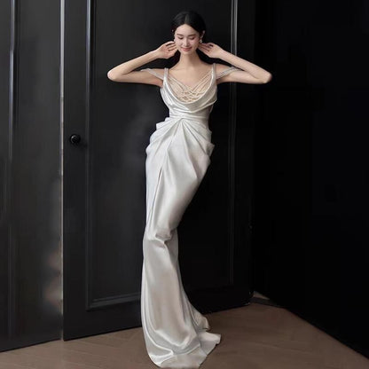 Sleeveless Scoop Neck Plain Ruched Slit Sheath Evening Gown