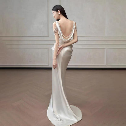 Sleeveless Scoop Neck Plain Ruched Slit Sheath Evening Gown