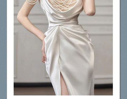 Sleeveless Scoop Neck Plain Ruched Slit Sheath Evening Gown