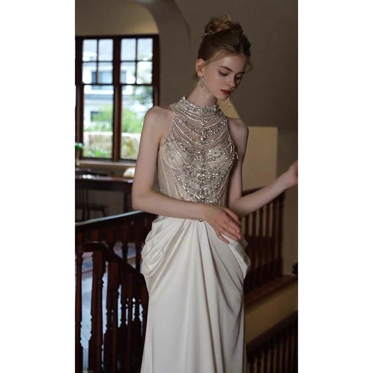 Sleeveless Faux Pearl High Neck Sheath Evening Gown