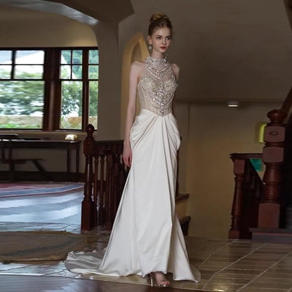Sleeveless Faux Pearl High Neck Sheath Evening Gown