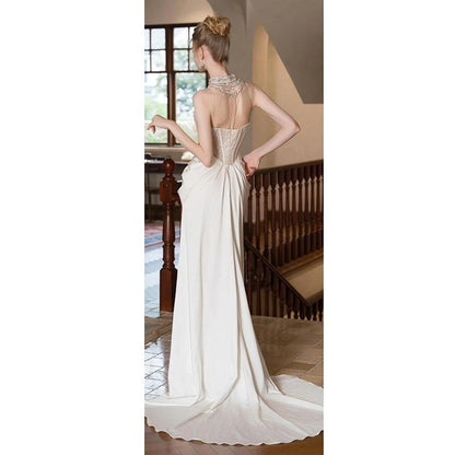 Sleeveless Faux Pearl High Neck Sheath Evening Gown